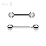 Pack of 5 high polished titanium internally threaded nipple barbells with 5mm forwarding facing bezel set crystal balls, thickness 1.6mm - G23 ASTM F-136 implant grade titanium body jewelry