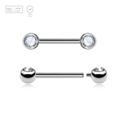 Pack of 5 high polished titanium internally threaded nipple barbells with 5mm forwarding facing bezel set crystal balls, thickness 1.6mm - G23 ASTM F-136 implant grade titanium body jewelry