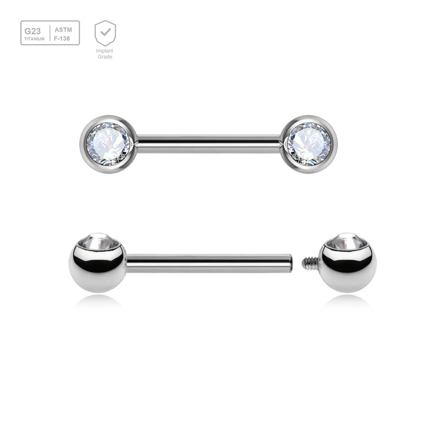 Pack of 5 high polished titanium internally threaded nipple barbells with 5mm forwarding facing bezel set crystal balls, thickness 1.6mm - G23 ASTM F-136 implant grade titanium body jewelry