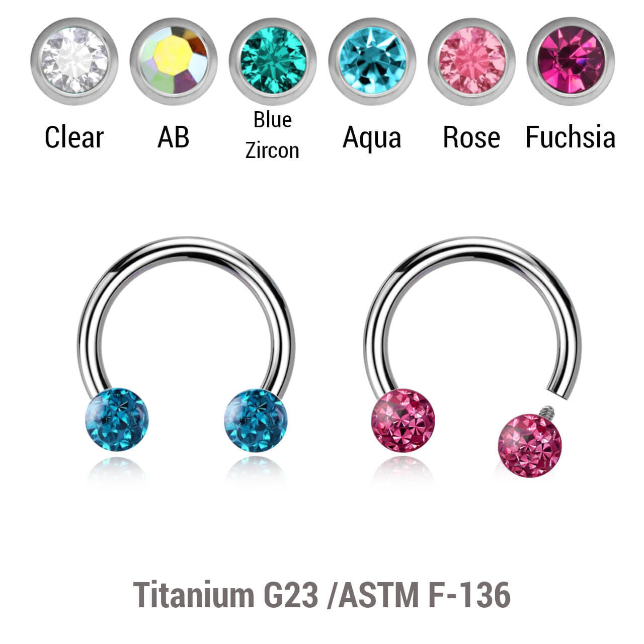 Pack of 5 high polished titanium internally threaded circular barbells, Thickness 1.2mm, with two 3mm multi-crystal balls with epoxy resin cover.