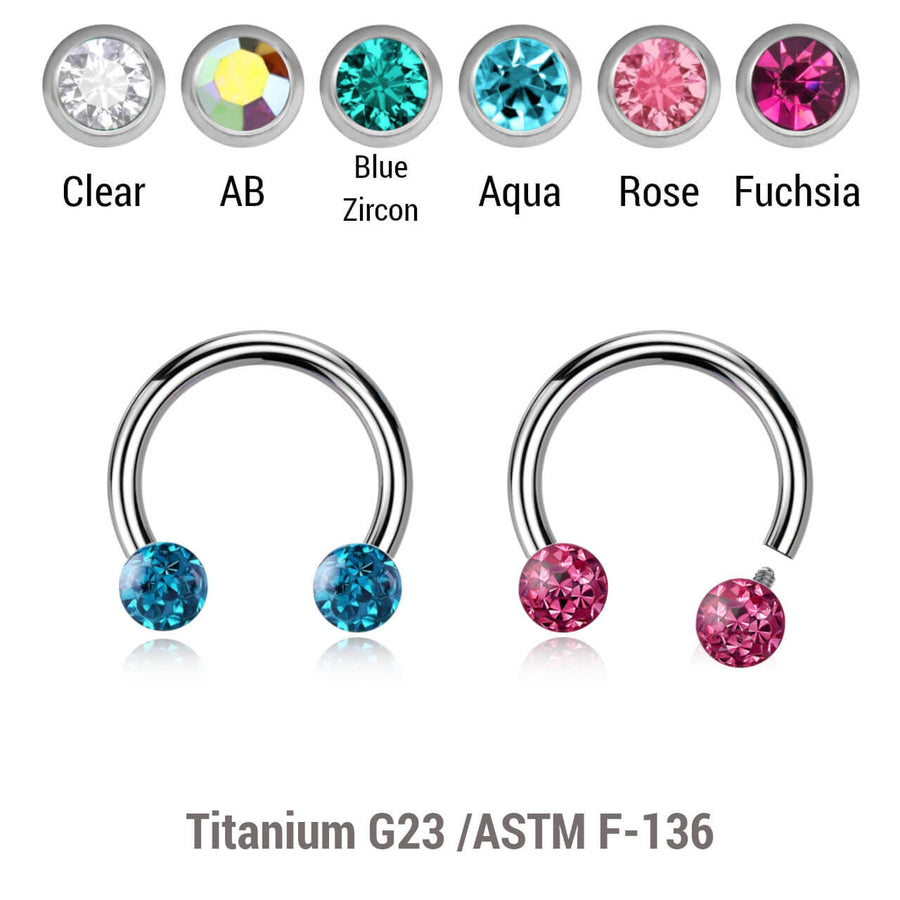 Pack of 5 high polished titanium internally threaded circular barbells, Thickness 1.2mm, with two 3mm multi-crystal balls with epoxy resin cover.