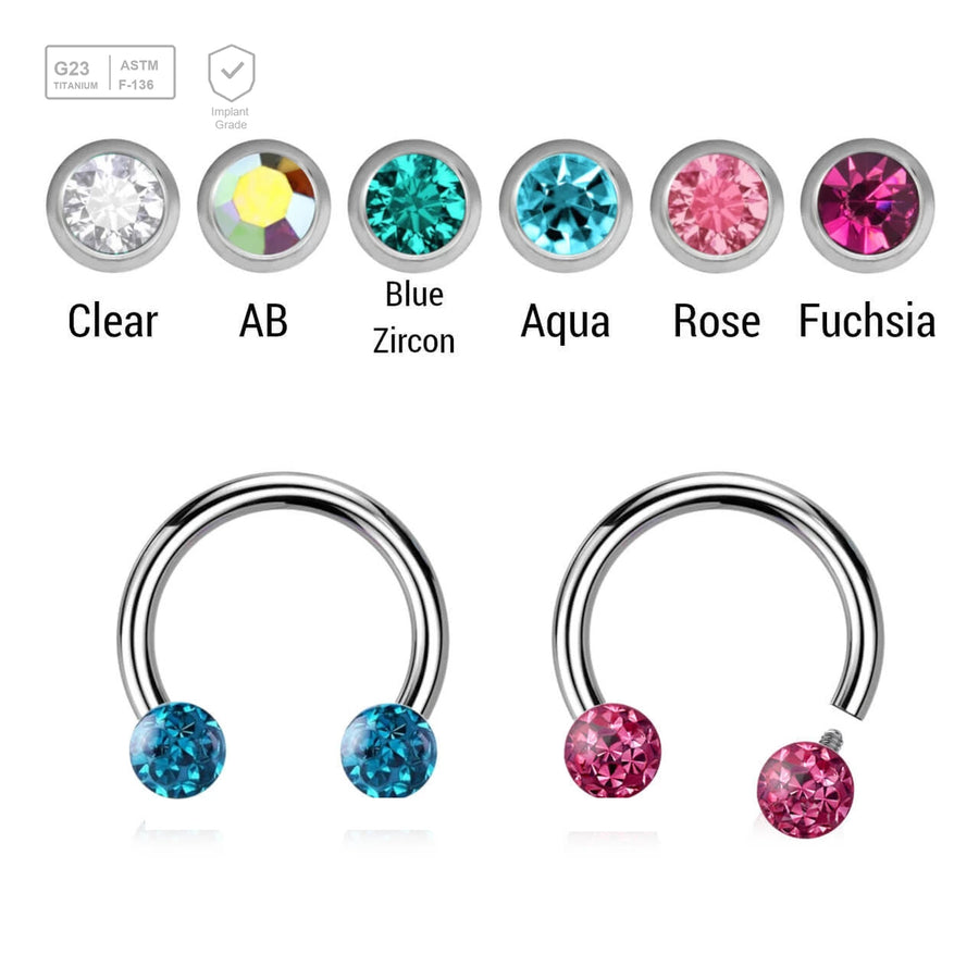 Pack of 5 high polished titanium internally threaded circular barbells, Thickness 1.2mm, with two 3mm multi-crystal balls with epoxy resin cover. - G23 ASTM F-136 implant grade titanium body jewelry