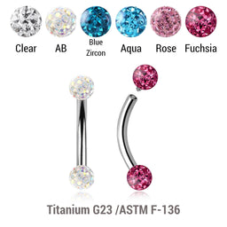 Pack of 5 high polished titanium internally threaded eyebrow bananas, Thickness 1.2mm, with two 3mm multi-crystal balls with epoxy resin cover.