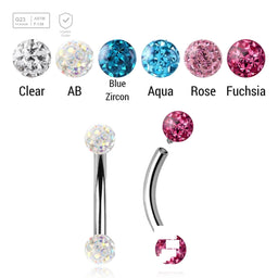 Pack of 5 high polished titanium internally threaded eyebrow bananas, Thickness 1.2mm, with two 3mm multi-crystal balls with epoxy resin cover. - G23 ASTM F-136 implant grade titanium body jewelry