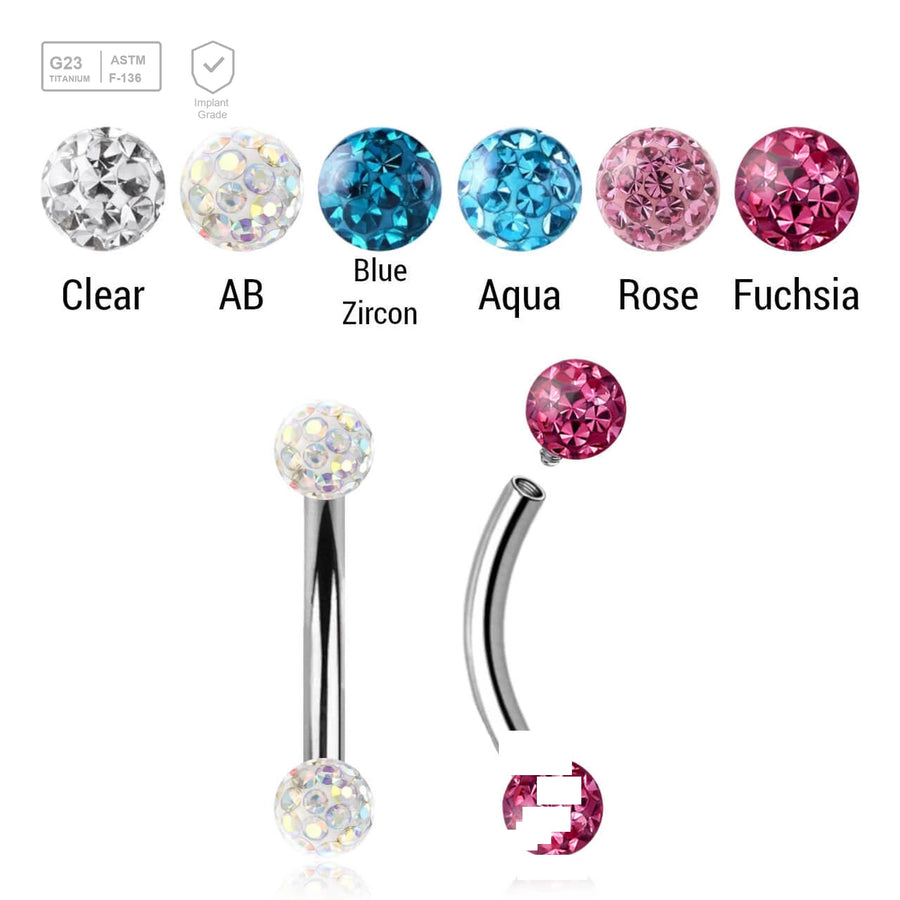 Pack of 5 high polished titanium internally threaded eyebrow bananas, Thickness 1.2mm, with two 3mm multi-crystal balls with epoxy resin cover. - G23 ASTM F-136 implant grade titanium body jewelry