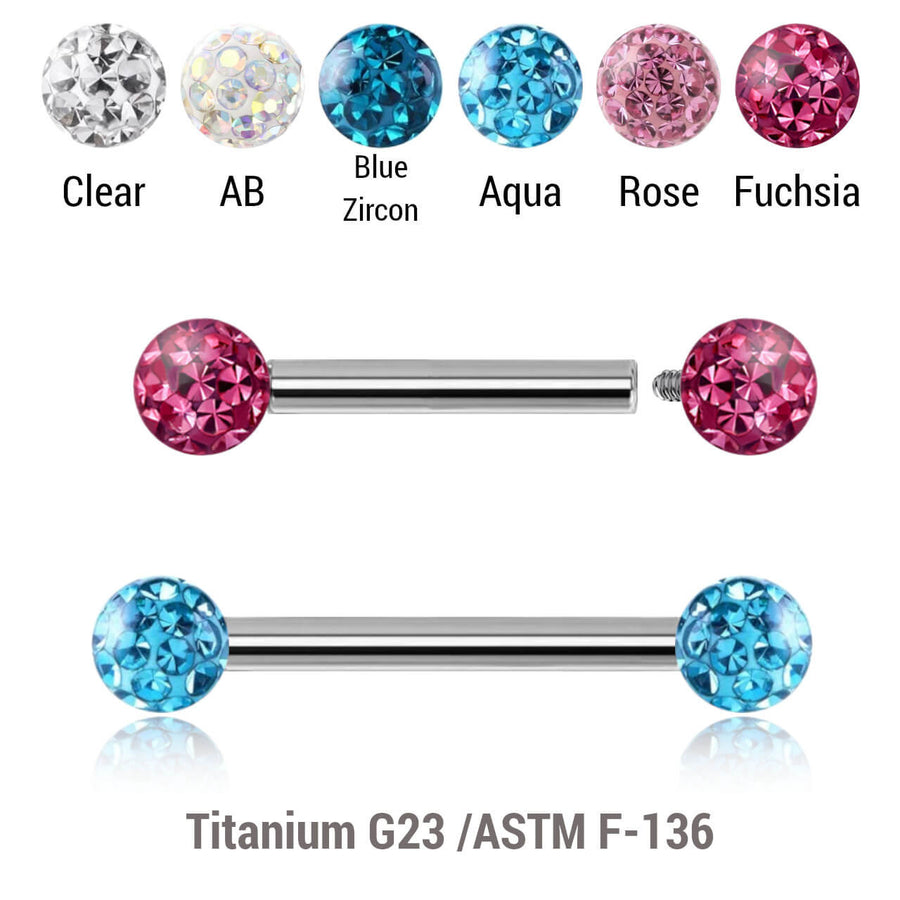 Pack of 5 high polished titanium internally threaded eyebrow barbells, Thickness 1.2mm, with two 3mm multi-crystal balls with epoxy resin cover.