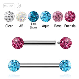 Pack of 5 high polished titanium internally threaded eyebrow barbells, Thickness 1.2mm, with two 3mm multi-crystal balls with epoxy resin cover. - G23 ASTM F-136 implant grade titanium body jewelry