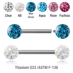 Pack of 5 high polished titanium internally threaded eyebrow barbells, Thickness 1.2mm, with two 4mm multi-crystal balls with epoxy resin cover.