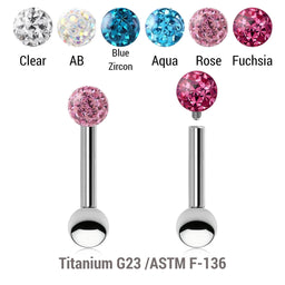Pack of 5 high polished titanium internally threaded tragus barbells, Thickness 1.2mm, with a top 3mm multi-crystal ball with epoxy resin cover and a lower 3mm plain ball