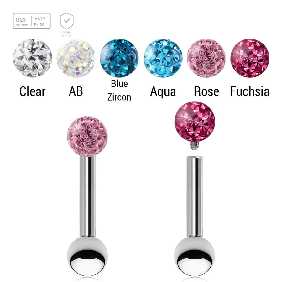 Pack of 5 high polished titanium internally threaded tragus barbells, Thickness 1.2mm, with a top 3mm multi-crystal ball with epoxy resin cover and a lower 3mm plain ball - G23 ASTM F-136 implant grade titanium body jewelry