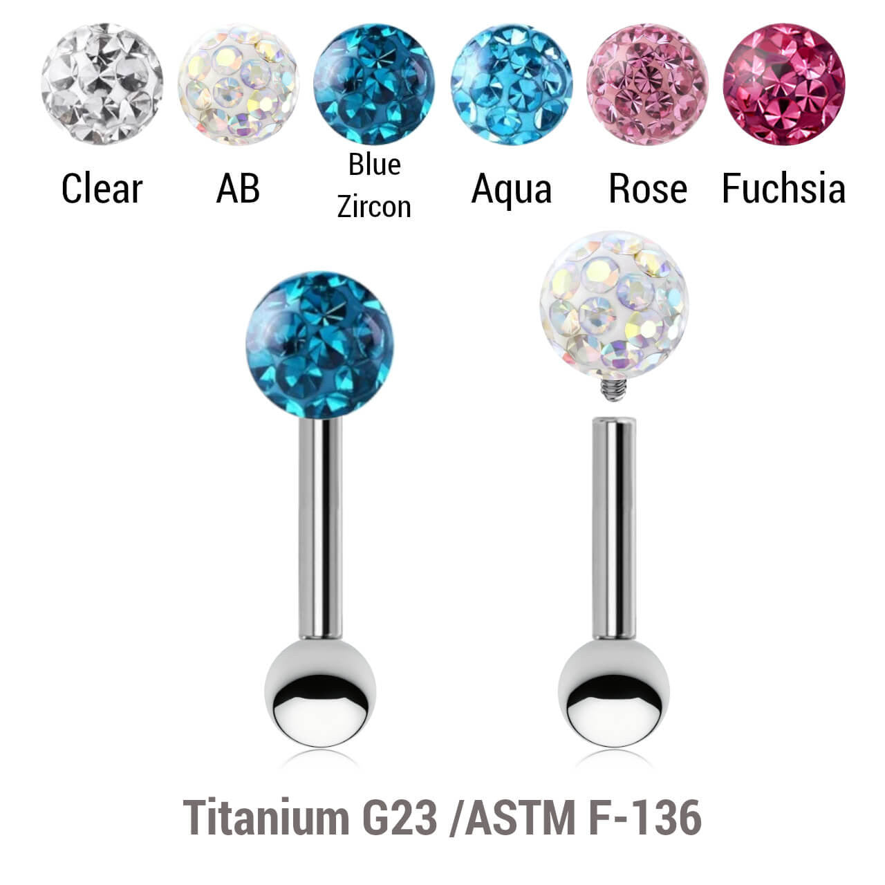 Pack of 5 high polished titanium internally threaded tragus barbells, Thickness 1.2mm, with a top 4mm multi-crystal balls with epoxy resin cover and a lower 3mm plain ball