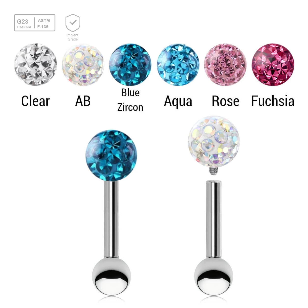 Pack of 5 high polished titanium internally threaded tragus barbells, Thickness 1.2mm, with a top 4mm multi-crystal balls with epoxy resin cover and a lower 3mm plain ball - G23 ASTM F-136 implant grade titanium body jewelry