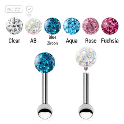Pack of 5 high polished titanium internally threaded tragus barbells, Thickness 1.2mm, with a top 4mm multi-crystal balls with epoxy resin cover and a lower 3mm plain ball - G23 ASTM F-136 implant grade titanium body jewelry