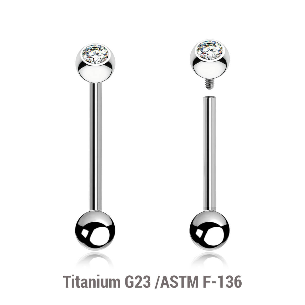 Pack of 5 high polished titanium internally threaded tongue barbells, Thickness 1.6mm, with a top 5mm bezel set crystal ball and a lower 5mm plain ball