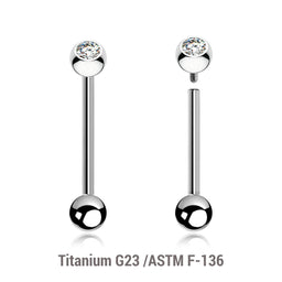 Pack of 5 high polished titanium internally threaded tongue barbells, Thickness 1.6mm, with a top 5mm bezel set crystal ball and a lower 5mm plain ball