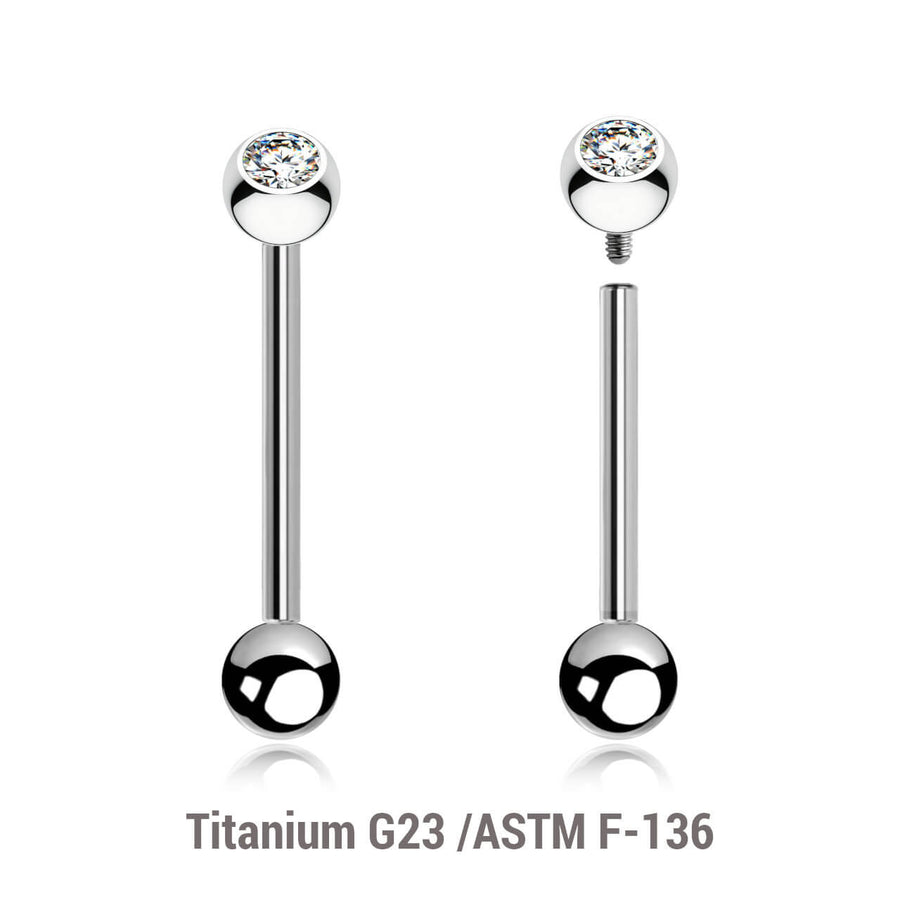 Pack of 5 high polished titanium internally threaded tongue barbells, Thickness 1.6mm, with a top 5mm bezel set crystal ball and a lower 5mm plain ball