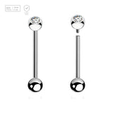 Pack of 5 high polished titanium internally threaded tongue barbells, Thickness 1.6mm, with a top 5mm bezel set crystal ball and a lower 5mm plain ball - G23 ASTM F-136 implant grade titanium body jewelry