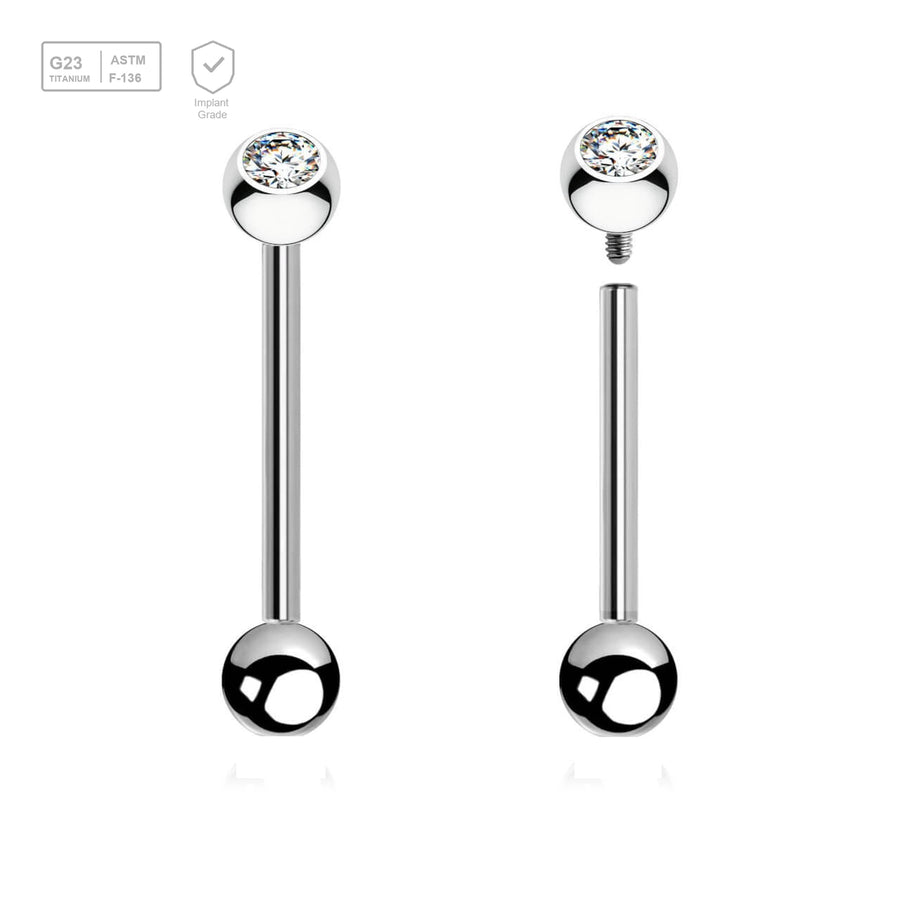 Pack of 5 high polished titanium internally threaded tongue barbells, Thickness 1.6mm, with a top 5mm bezel set crystal ball and a lower 5mm plain ball - G23 ASTM F-136 implant grade titanium body jewelry