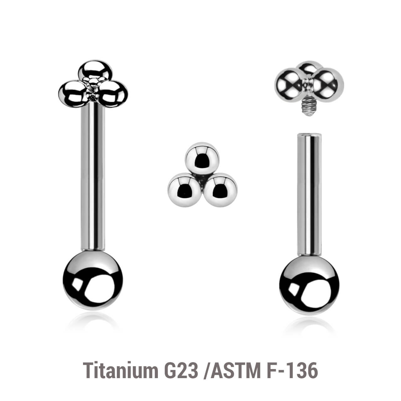 Pack of 5 high polished titanium internally threaded tragus barbells, Thickness 1.2mm, with a plain trinity top and a lower 3mm plain ball