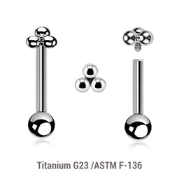 Pack of 5 high polished titanium internally threaded tragus barbells, Thickness 1.2mm, with a plain trinity top and a lower 3mm plain ball