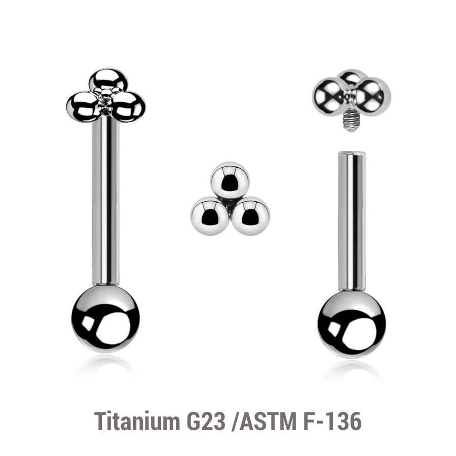 Pack of 5 high polished titanium internally threaded tragus barbells, Thickness 1.2mm, with a plain trinity top and a lower 3mm plain ball