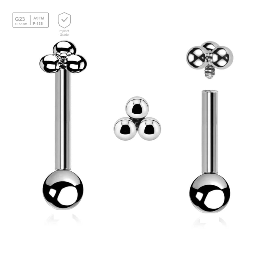 Pack of 5 high polished titanium internally threaded tragus barbells, Thickness 1.2mm, with a plain trinity top and a lower 3mm plain ball - G23 ASTM F-136 implant grade titanium body jewelry