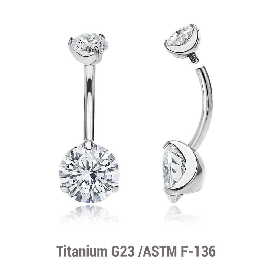 Wholesale pack of 3 high polished titanium internally threaded belly bananas, Thickness 1.6mm, with 5 mm and 8 mm round prong set CZ stones