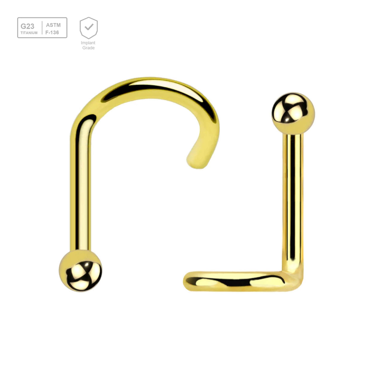 Pack of 10 PVD plated Titanium G23 nose screws with 2mm ball-shaped top, thickness 1mm - G23 ASTM F-136 implant grade titanium body jewelry