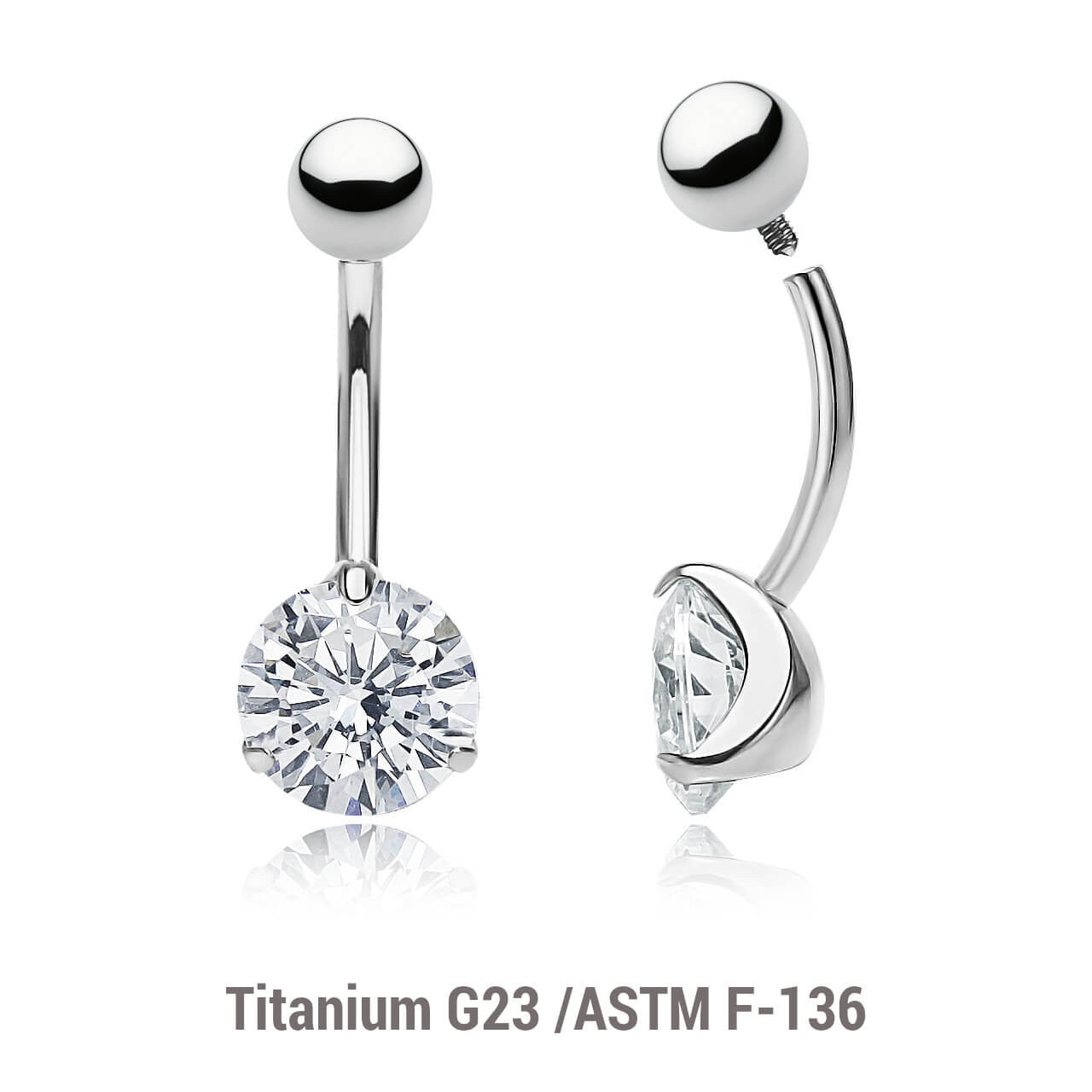 Wholesale pack of 3 high polished titanium internally threaded belly bananas, Thickness 1.6mm, with 5 mm titanium ball and lower 8 mm prong set round CZ stone