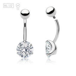 Wholesale pack of 3 high polished titanium internally threaded belly bananas, Thickness 1.6mm, with 5 mm titanium ball and lower 8 mm prong set round CZ stone - G23 ASTM F-136 implant grade titanium body jewelry