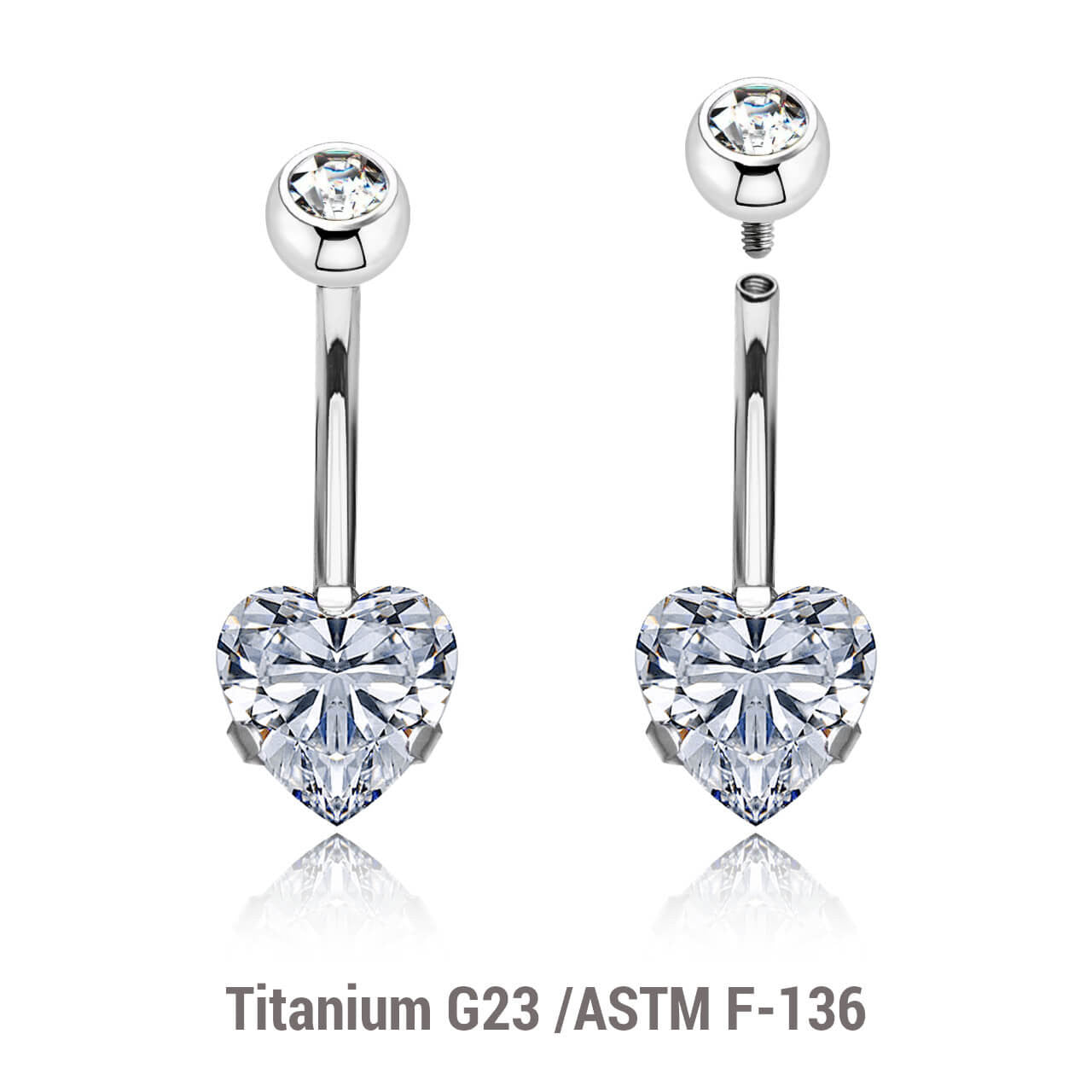 Wholesale pack of 3 high polished titanium internally threaded belly bananas, Thickness 1.6mm, with a lower 8mm heart shaped prong set CZ and a upper 5mm bezel set crystal ball.