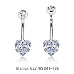 Wholesale pack of 3 high polished titanium internally threaded belly bananas, Thickness 1.6mm, with a lower 8mm heart shaped prong set CZ and a upper 5mm bezel set crystal ball.