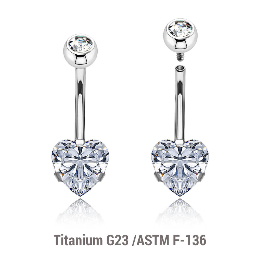 Wholesale pack of 3 high polished titanium internally threaded belly bananas, Thickness 1.6mm, with a lower 8mm heart shaped prong set CZ and a upper 5mm bezel set crystal ball.