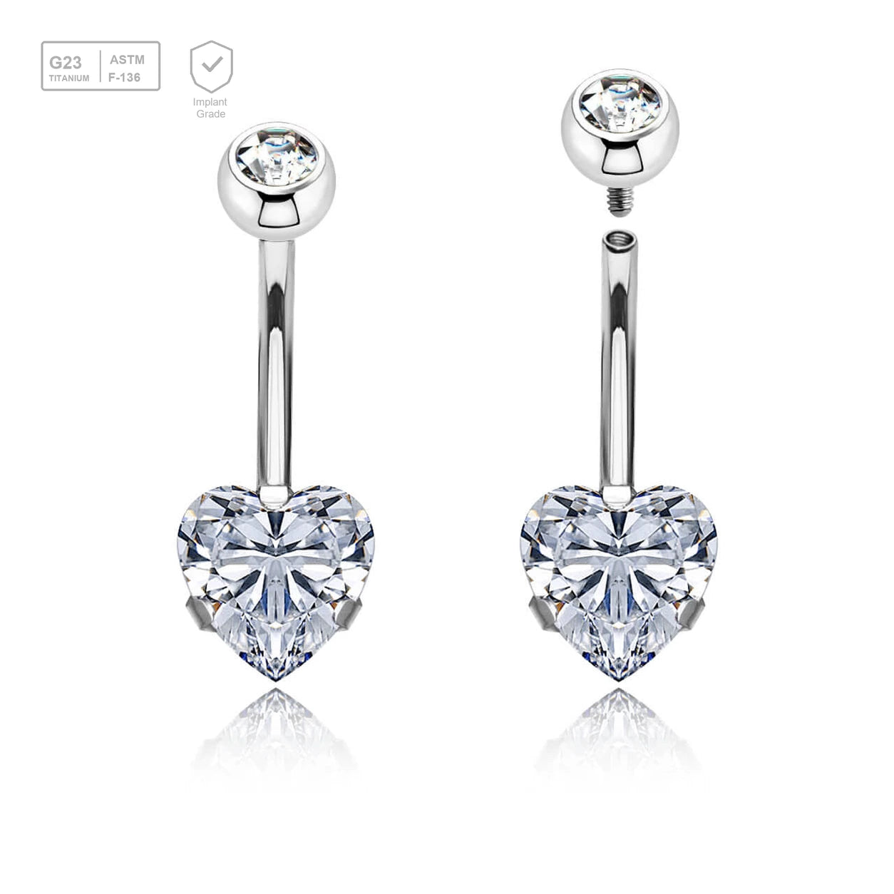 Wholesale pack of 3 high polished titanium internally threaded belly bananas, Thickness 1.6mm, with a lower 8mm heart shaped prong set CZ and a upper 5mm bezel set crystal ball. - G23 ASTM F-136 implant grade titanium body jewelry