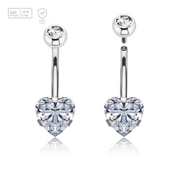 Wholesale pack of 3 high polished titanium internally threaded belly bananas, Thickness 1.6mm, with a lower 8mm heart shaped prong set CZ and a upper 5mm bezel set crystal ball. - G23 ASTM F-136 implant grade titanium body jewelry
