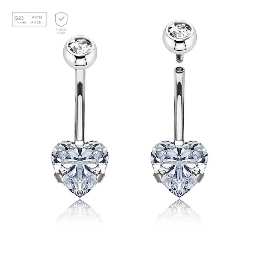 Wholesale pack of 3 high polished titanium internally threaded belly bananas, Thickness 1.6mm, with a lower 8mm heart shaped prong set CZ and a upper 5mm bezel set crystal ball. - G23 ASTM F-136 implant grade titanium body jewelry