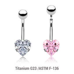 Wholesale pack of 3 high polished titanium internally threaded belly bananas, Thickness 1.6mm, with a lower 8 mm prong set heart CZ stone and a plain 5mm titanium upper ball