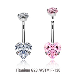 Wholesale pack of 3 high polished titanium internally threaded belly bananas, Thickness 1.6mm, with a lower 8mm prong set heart CZ and a upper 5mm prong set round CZ