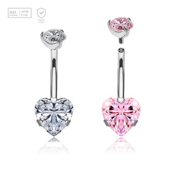 Wholesale pack of 3 high polished titanium internally threaded belly bananas, Thickness 1.6mm, with a lower 8mm prong set heart CZ and a upper 5mm prong set round CZ - G23 ASTM F-136 implant grade titanium body jewelry
