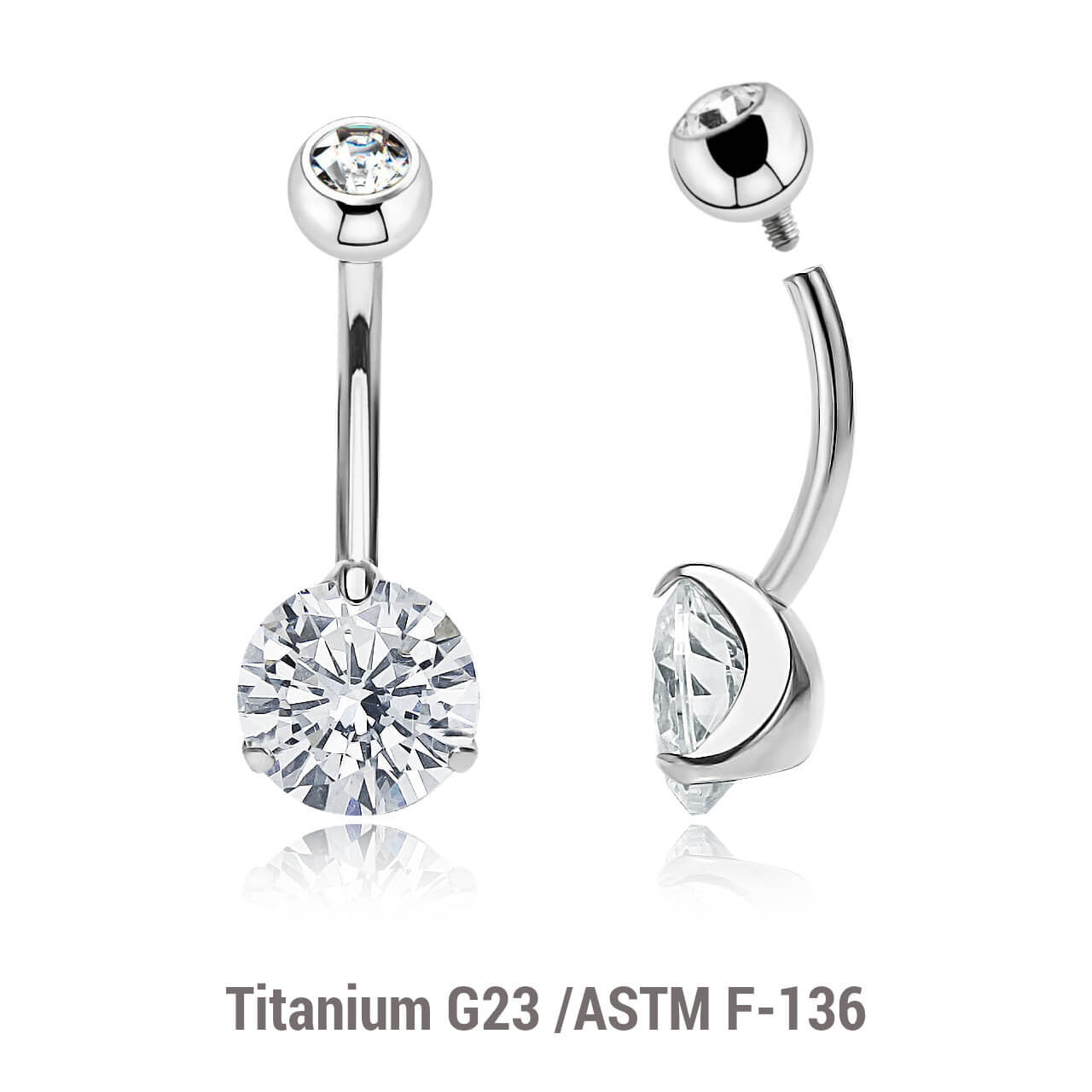 Wholesale pack of 3 high polished titanium internally threaded belly bananas, Thickness 1.6mm, with 5 mm titanium bezel set jewel ball and lower 8 mm prong set round CZ stone