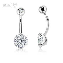 Wholesale pack of 3 high polished titanium internally threaded belly bananas, Thickness 1.6mm, with 5 mm titanium bezel set jewel ball and lower 8 mm prong set round CZ stone - G23 ASTM F-136 implant grade titanium body jewelry