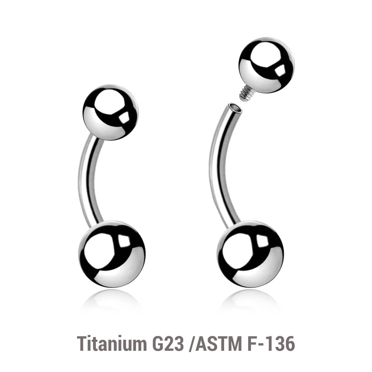 Pack of 10 high polished titanium internally threaded belly bananas, Thickness 1.6mm, Ball size 5 & 6mm