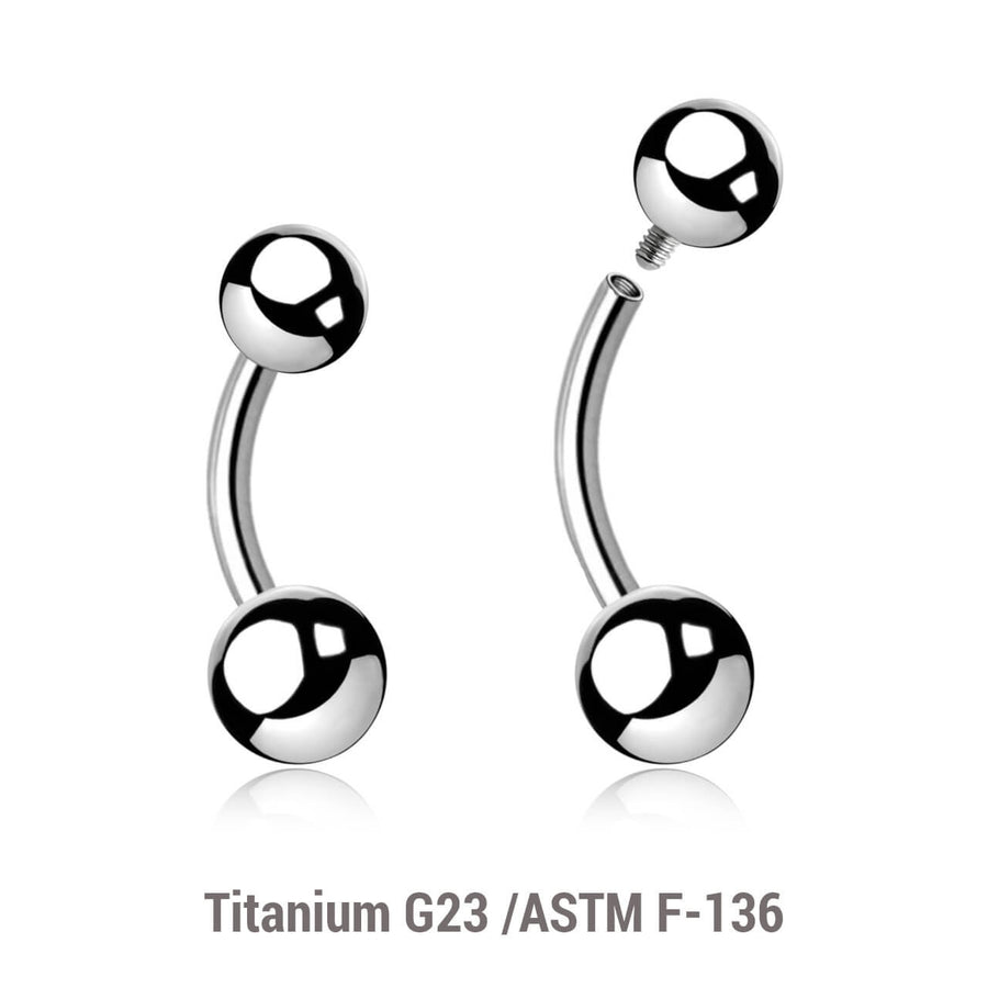 Pack of 10 high polished titanium internally threaded belly bananas, Thickness 1.6mm, Ball size 5 & 6mm