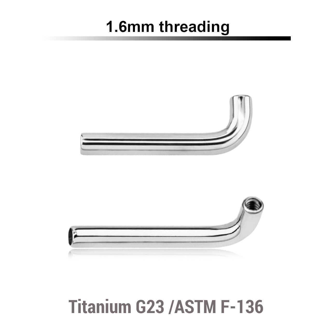 Pack of 5 high polished titanium internally threaded Christina barbell post in L shape, 2.5mm rise, thickness 1.6mm