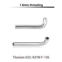 Pack of 5 high polished titanium internally threaded Christina barbell post in L shape, 2.5mm rise, thickness 1.6mm