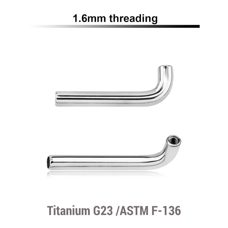 Pack of 5 high polished titanium internally threaded Christina barbell post in L shape, 2.5mm rise, thickness 1.6mm