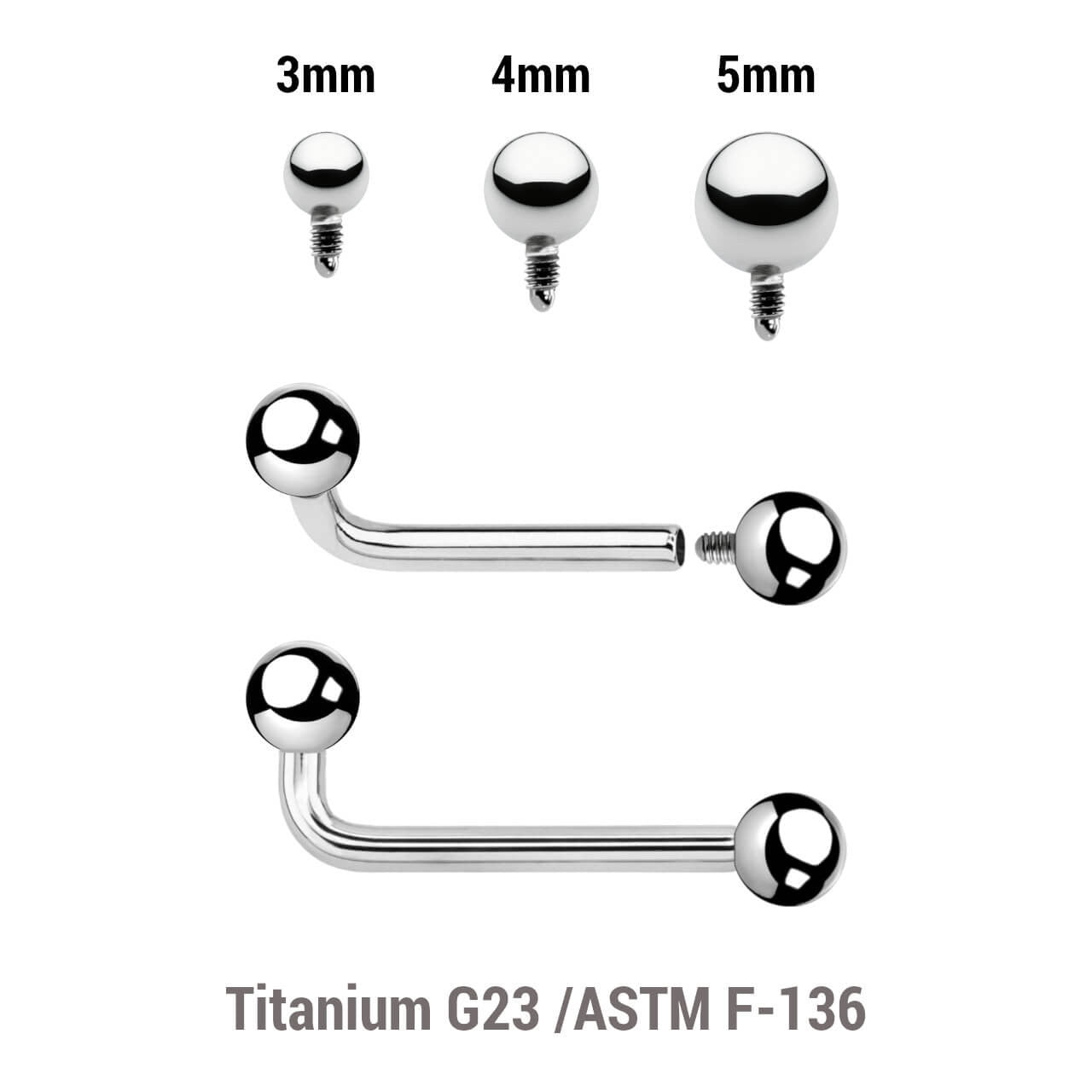 Pack of 5 high polished titanium internally threaded Christina barbells, thickness 1.6mm with 2.5mm rise and balls