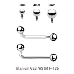 Pack of 5 high polished titanium internally threaded Christina barbells, thickness 1.6mm with 2.5mm rise and balls
