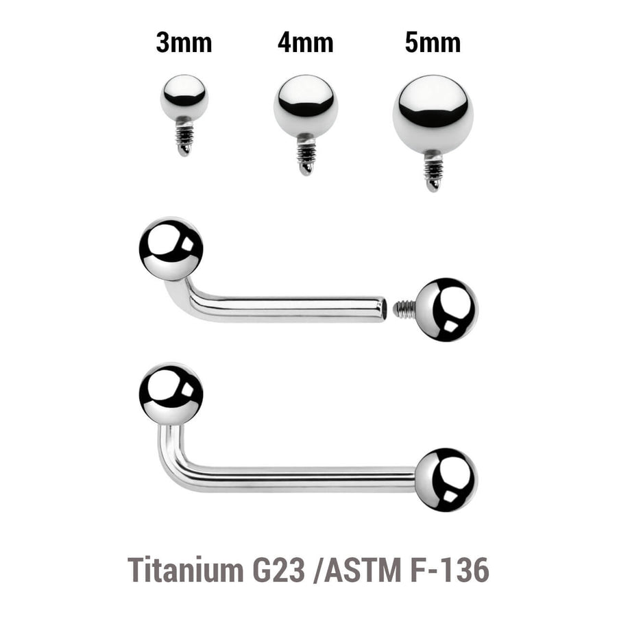 Pack of 5 high polished titanium internally threaded Christina barbells, thickness 1.6mm with 2.5mm rise and balls