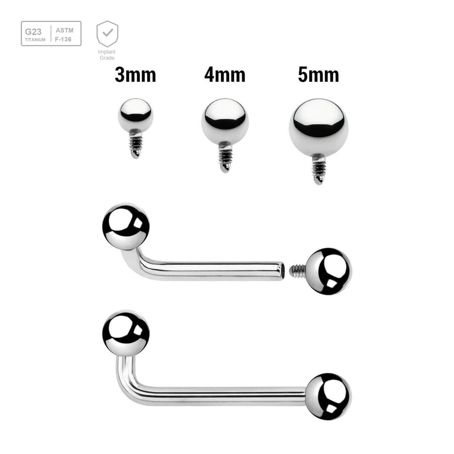Pack of 5 high polished titanium internally threaded Christina barbells, thickness 1.6mm with 2.5mm rise and balls - G23 ASTM F-136 implant grade titanium body jewelry